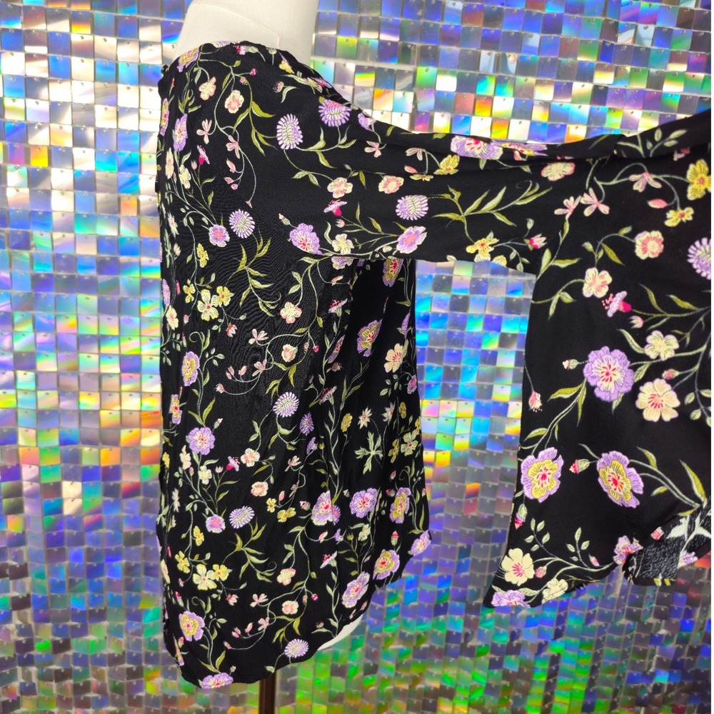 LC Lauren Conrad Floral Bell Sleeve Blouse Womens Medium Black Excellent Boho - Picture 7 of 9